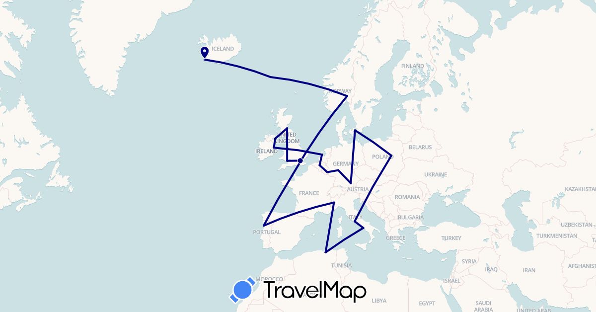 TravelMap itinerary: driving in Belgium, Germany, Denmark, Algeria, Faroe Islands, United Kingdom, Ireland, Iceland, Italy, Jersey, Luxembourg, Netherlands, Norway, Poland, Portugal (Africa, Europe)