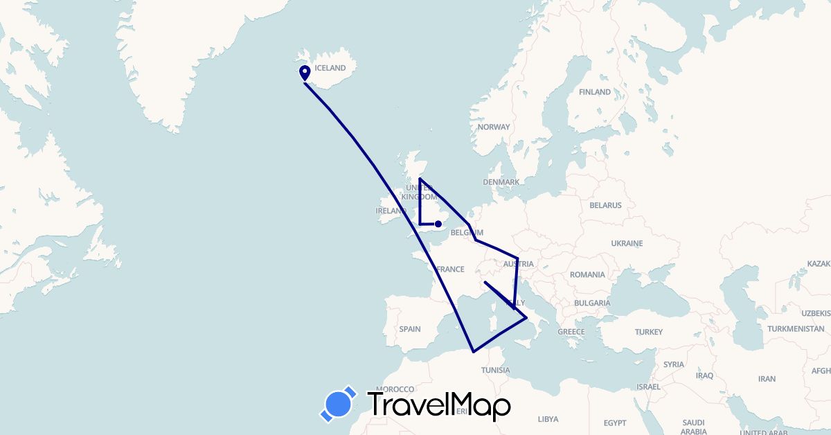 TravelMap itinerary: driving in Austria, Algeria, United Kingdom, Iceland, Italy, Luxembourg, Netherlands (Africa, Europe)